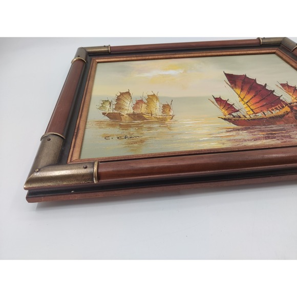 VTG Framed Chinese Junk Ships 20x16 C. Chan Oil Painting- Creative Galleries - Picture 2 of 16